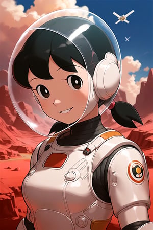 1girl,score_9, score_8_up, score_7_up, score_6_up,score_5_up, score_4_up, source_anime, anime coloring, minamoto shizuka, low twintails, black hair, 1girl, solo, smile, Girl in a spacesuit stepping onto the surface of Mars, Earth visible in the distance, vast red landscape, futuristic colony in the background, sense of wonder and exploration, epic sci-fi scene, hyper-realistic detail