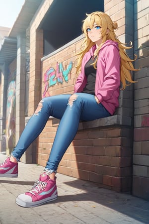 score_9, score_8_up, score_7_up, source_anime, masterpiece, high detailed,very aesthetic, ritto, 1girl, blonde hair, blue eyes, detailed gorgeous eyes, perfect face, detailed face, street-style girl, sitting, confident pose, under bridge, graffiti art, urban setting, hoodie, ripped jeans, sneakers, vibrant colors, expressive graffiti, shadows, natural lighting, BREAK, relaxed expression, hands in pockets, cool demeanor, wind-blown hair, cinematic, dusk, from_below,