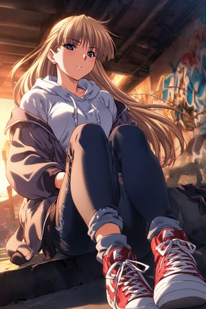 high detailed,very aesthetic, kanzaki asuka, 1girl, blonde hair, blue eyes, detailed gorgeous eyes, perfect face, detailed face, street-style girl, sitting, confident pose, under bridge, graffiti art, urban setting, hoodie, ripped jeans, sneakers, vibrant colors, expressive graffiti, shadows, natural lighting, BREAK, relaxed expression, hands in pockets, cool demeanor, wind-blown hair, cinematic, dusk, from_below,