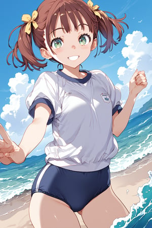 score_9, score_8_up, score_7_up, score_6_up, score_5_up, score_4_up, source_anime, anime coloring, hinaduki suika, waves, beach, blue sky, (clouds:0.8), school girl, solo, smile, gym uniform, buruma, short sleeves, flat illustration, close-up, dynamic pose angle, masterpiece, best-quality, highest-definition, ultra-detailed, high-resolution, intricate,
