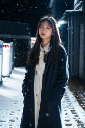 cute girl, long hair, fashion winter coat, big coat, Wear a coat over a hoodie, standing looking up snow is falling, winter night city, snowing, 4K, ultra HD, RAW photo, realistic, masterpiece, best quality, beautiful skin, white skin, 50mm, medium shot, outdoor, half body, photography, Portrait, detailed eyes,chinatsumura, high fashion, snowflakes, look at viewer,dynamic light, warm lights, christmas lights, festival atmosphere,hk_girl,aika-sawaguchi