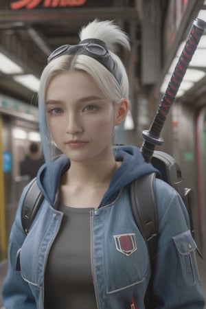 a girl in a tight sci-fi A cute  lady with white ponytailed hair, horn headband, wearing a dark denim jacket, a backpack with a katana, blue eyes, cyberpunk, subway, hyperrealism, photorealistic, 8k, unreal engine, 3d render --ar 9:16 --niji 5 --style expressive --s 400, (realistic, photo-realistic:1.37) , ultra-detailed, full body, UHD, HDR, 8K, (Masterpiece:1.5) , (best quality:1.5) Cannon EOS 5D Mark III,Extremely Realistic