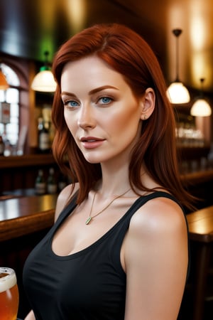 Hyper realistic, beautiful redhead irish woman in a pub, velvia, shot on 65mm, 16 megapixels, 8k, photorealistic, hyperrealism, photorealistic, 8k, white tank top