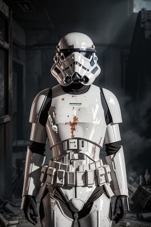 A haunting scene of a female Stormtrooper, woman| decayed armor|  Tattered remains of once pristine white armor| chilling atmosphere| (4k)| (8k)| Gruesome details| unsettling| cinematic| mysterious| captivating| spine-chilling| post-apocalyptic world, Hyper realistic, photorealistic, hyperrealism, photorealistic, 8k,StormTrooper,helmet