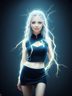 A masterpiece full-body photo of a stunning, short, petite, (((Thai))) Human female, late 20s, perky medium breasts, ((long white hair)),  fair skin, glowing blue eyes, wearing a cropped black sleeveless Star Trek uniform vest with blue trim and a Star Trek logo showing cleavage, bare abs, very short black miniskirt with blue trim, smiling and standing provocatively against a black background, ((static electricity crackling off her skin)).. Masterpiece, vivid color, vibrant, realistic skin tone, HDR, high dynamic range, DonMl1ghtning,blackeyeglow,sttldunf uniform