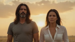 Photography, outdoor, cinematic lighting (from below: 1.0) of Gas a 40-year-old handsome man with very long, unkempt brown hair and a grey t-shirt standing next to Pao a woman with long, straight black hair blowing in the wind, wearing a white blouse with the buttons suggestively undone. (((They both look up at the sky at the same point to the right))), (((They both look up at the sky at the same point to the right))) and have the same posture, the man with a serious expression, the woman with a soft gaze. The setting sun behind them fills the sky with warm orange and yellow hues, creating a calm, contemplative mood. Cinematic lighting from below casts soft shadows, enhancing their features. The scene is bathed in a warm golden glow, with a subtle film grain and a slightly desaturated colour palette, evoking a serene and nostalgic atmosphere, que recuerda a una película de Zack Snyder, skin texture, Details 