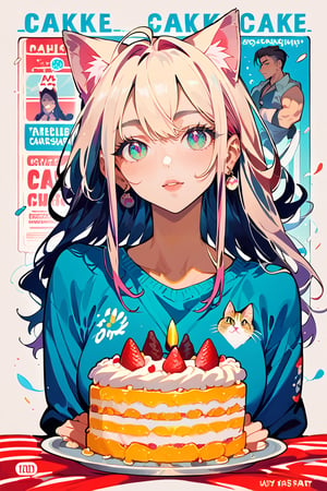 score_9, score_8, score_7, score_6, anime style, 1girl, cat ears, cakes, poster design, 