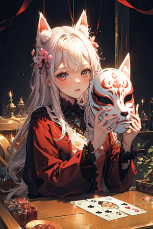 (game character design), (frame for card_game), 1girl, with glitter, mother-of-pearl, (mask on hand, putting on mask, fox mask),midjourney,masterpiece