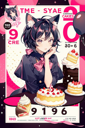 score_9, score_8, score_7, score_6, anime style, 1girl, cat ears, cakes, poster design, 