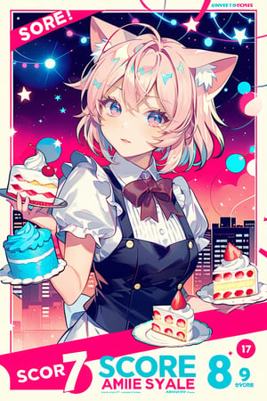 score_9, score_8, score_7, score_6, anime style, 1girl, cat ears, cakes, poster design, 