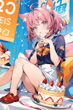 1girl, cat ears, cakes, poster design, 