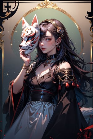 (game character design), (frame for card game), 1girl, long hair, with glitter, mother-of-pearl,  jewellery, link collar, accessory, ear rings, mole under eye, (fox mask, mask on hand, putting on mask), signature,midjourney