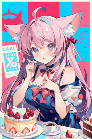 1girl, cat ears, cakes, poster design, 