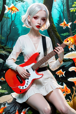 1girl mature with guitar on forest , solo, short hair, hair ornament, red eyes, long sleeves, upper body, white hair, makeup, animal, lipstick, pale skin, eyeshadow, fish, goldfish,DonMM1y4XL,more detail XL