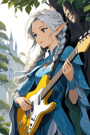 (masterpiece, high quality, 8K, high_res), ((ink and pencil drawning style)), solo, Elfe woman with guitar 
flat illustration, ultra detailed, perfect merge fantasy setting and fantasy character, realistic drawning style, fantasy elements. surreal, incredibly beautiful elven woman, elf ears, soft white hair, long braid hairstyle, elven cloths, royal cloths, completely detailed, standing under a tree and playing with electric  guitar in your arms  waiting for someone, organic interaction with the environment, looking away, Flat vector art, Leonardo Style, portraitart