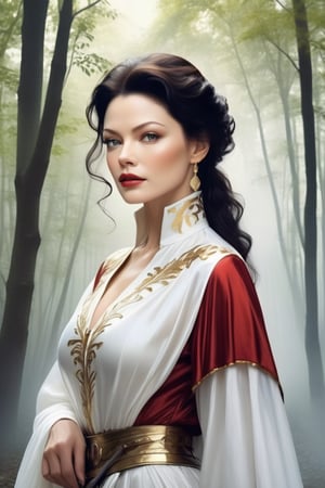 masterpiece, Catherine Zeta Jones Zorro woman in the forest  , high quality, realistic aesthetic photo ,((head and shoulders view:1.6)), intricate detailed, graceful and beautiful textures, RAW photo, 16K, sharp forcus, white background, (white-color art poster:1.4) ,Zorro Woman with law in gold ,   , eye blue, red-lips, white fair skin,