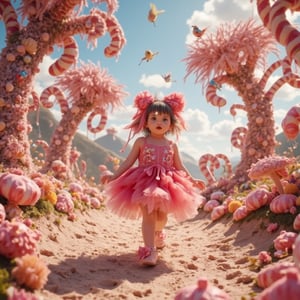 A young girl with a bright, pink dress and matching bow wanders along a winding, sandblasted path in a whimsical Candy Land. She looks around with wonder, surrounded by towering candy cane trees that seem to stretch up to the sugary sweet sky. Colorful candy birds perch on branches, their beady eyes twinkling. The girl's lips curve into a adorable smile as she takes in the fantastical scenery. Framed in 4K close-up, her rosy cheeks and sparkling gaze draw us in, making us feel like we're right there with her in this sugary wonderland.