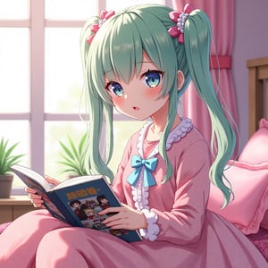 1girl, 4 blue eyes, pink textured skin, reading a manga, lolita clothes, cute bedroom, anime themed, ponytails, ribons, pastel green hair