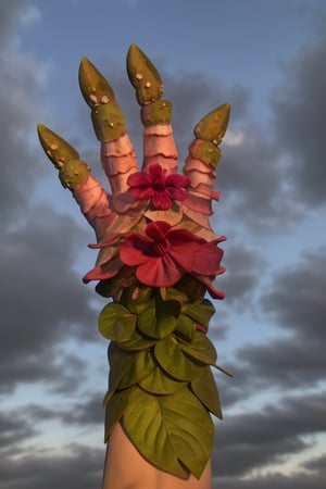 (5 fingers) a hand sexy curved made entirely of hibiscus petals pointing to the sky, hibiscus petals, hibiscus flower, good anatomy,photorealistic,poakl