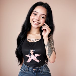 bellapoarch , blush, a woman, top tank shirt, jeans , perfect hands, perfect face, long black hair, smiling, fashion clothes