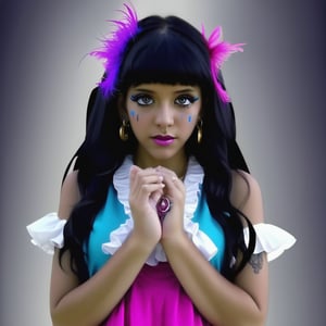 1girl, long black and blond hair with fushia pink feather, detailed outfit, long blue dress made of several tissues with different colours, white shirt with ruffles under, multiple coloured ribbons on the skirt, brighting jewellery on the clothes,golden and silver necklaces and rings, white makeup, body painting makeup, realistic, hands up, detailed background, dark universe, other planet, very close up, 4k quality, posing, dancing