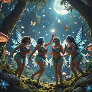 In a whimsical, moonlit clearing of the enchanted forest, four faeries gather for an alluring soirée. The air is filled with the soft glow of luminescent mushrooms and the gentle flutter of iridescent butterflies. The faeries' textured skin shimmers in harmony with their sparkling blue eyes as they dance beneath a canopy of twinkling stars. Delicate wings, a symphony of colors, sprout from their backs like ethereal petals, adding to the evening's enchantment. With laughter and mirth, they playfully twirl and spin, their joy infectious, as the magical forest comes alive with wonder.