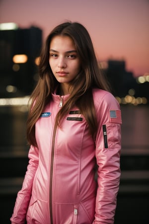 front view (analog photo) of a beautiful 20-year-old woman with brown long hair, wearing pink space suit, new york background, natural skin texture, realistic skin texture, (skin pores:0.8), (skin oils:0.6), masterpiece, fine art photography, award winning photography, attractive, looking at viewer, hyperdetailed, mid body