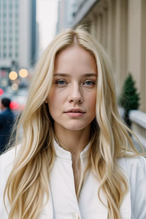 front view (analog photo) of a beautiful 25-year-old woman with long (blond hair) wearing a (white coat), natural skin texture, realistic skin texture, (skin pores), (skin oils), masterpiece, fine art photography, award winning photography, new york background