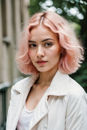 front view analog photo of a beautiful 25-year-old woman with (long baby pink hair) wearing a (white coat), natural skin texture, realistic skin texture, (skin pores), (skin oils), masterpiece, fine art photography, award winning photography, new york background