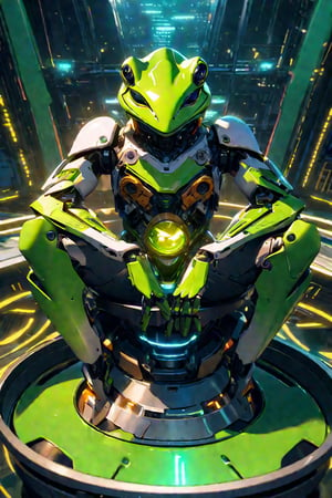 In a futuristic laboratory setting, a cybernetic frog, its bright green skin glistening under the soft glow of LED lights, sits perched on a sleek metal pedestal. Its mechanical limbs and glowing blue optics are rendered in meticulous high-resolution detail, as if viewed through an 8K lens. The cyborg's pose is one of calculated contemplation, its gaze focused intently on some unseen target. Score_9: the overall composition is a harmonious blend of organic and synthetic elements, with High resolution retouching used to accentuate the intricate details of the frog's mechanical enhancements.