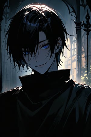 A gothic style portrait of a handsome boy, clad in all-encompassing black attire, stands stoic amidst a somber, mysterious backdrop. Shadows dance across his pale complexion as he smiles menacingly at the viewer, the foreboding lighting accentuating the severity of his expression. The atmosphere is heavy with foreboding, as if secrets lurk in the darkness.