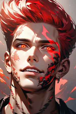 In a mesmerizing double exposure, a stunning Beautiful Rockabilly Boy emerges from the depths of a dark, smoky background. His cherry-red hair, streaked with darker roots, is styled in a perfect pompadour, as if frozen in time. Enki Bilal's signature style shines through in this high-quality tattoo sketch, rendered in breathtaking 16K Ultra HD detail. The boy's features are so vividly realistic, it's as if he might suddenly blink or smile, his sharp jawline and piercing eyes seemingly alive. Glowing tattoo 