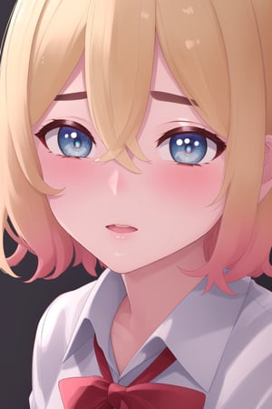 (Masterpiece:1.2), (Best Quality:1.2), (8k:1.2), (uhd:1.2), (highres:1.2), (extremely detailed 8k wallpaper:1.2), solo, 1girl, tokyo Bar, cocktail, short hair, blonde hair, hair between eyes, blue Eyes, detailed pupils, sexy face, blush, rich details, school uniform, Tokyo