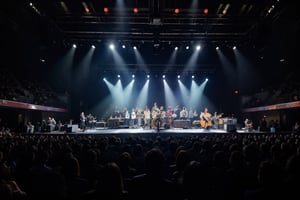 cinematic photo of a rock band in the early 1980's, performing on a large, raised concert stage on one end of an arena. Stage is lit with multicolor spotlights, fog. The shot is taken close to the stage, from the audience's view from the arena's floor, looking up at the band on the stage., photo, cinematic