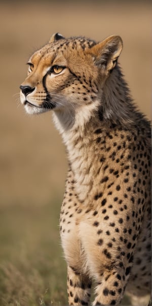 Hyper-realistic close-up photo, close-up of a cheetah from the side. The cheetah is on an African plain. The cheetah is running on the plain at full speed, you can see the movement and its great speed is demonstrated. It is day. The light creates a contrast of shadows on the animal. Beautiful scene, ultra detailed, hyperrealistic, colorful, distant.