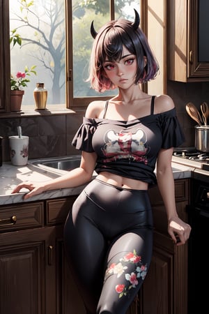 masterpiece,best quality,ultra-detailed,8K,High detailed, a darked haired girl, red eyes, long tussled hair, tired, sexy, cute, skimpy,(white off the shoulder tshirt with video game print), black leggings, delicate, mordern, in the kitchen, at a table, morning after, blush, shy,1girl,Color magic,photorealistic,secre, 2 black horns