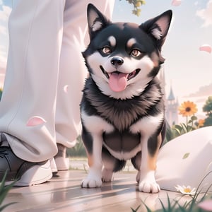 1 black Shiba Inu, 3D rendering, warm tones, Disney style, flower, outdoor, sky, clouds, trees, petals, no one, grass, landscape, sunset, sunlight, field, gradient sky, pixel art, high brightness, super color, S-shaped composition