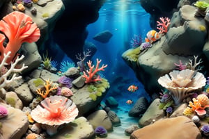 Bird view, Center the composition, Underwater world, Under the sea, Top-down perspective, From high above, only background, 3D rendering, colorful ink wash painting style, water, no humans, grass, plant, scenery, pillar, moss, coral, shell , The textures of the rocks and the gradient colors enhance the feeling of depth and mystery, making it a captivating environment for exploration. The design emphasizes the contrast between the ruggedness of the rocks and the fluidity of the water, ideal for a game setting that involves underwater adventures.