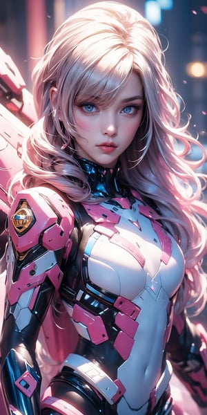 Best picture quality, high resolution, 8k, realistic, sharp focus, realistic image of elegant lady, Chinese beauty, Smile,supermodel, Cherry blossom pink high ponytail braid hair, blue eyes, wearing high-tech cyberpunk style blue Batgirl suit, radiant Glow, sparkling suit, mecha, perfectly customized high-tech suit, ice theme, custom design, 1 girl,swordup, looking at viewer,JeeSoo,