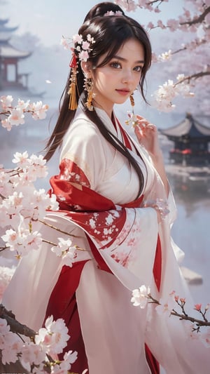 (masterpiece, top quality, best quality, official art, beautiful and aesthetic:1.2), (1girl), extreme detailed,(abstract, fractal art:1.3),highest detailed, detailed_eyes, light_particles, hanfu,jewelry, sexy, ,red,cherry blossom,The left hand's orchid fingers pinch a branch blooming with cherry blossoms,The right hand's orchid fingers lightly pinch the left sleeve