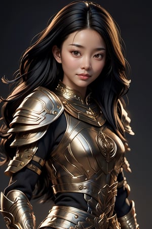 Hyperrealistic vision of an Chinese Girl wearing armour suit designed by Thierry Mugler. High angle. High-resolution details, realism, Smile,Black hair,fine texture, incredibly lifelike. Cluttered maximalism. Womancore. Rembrandt lighting. Mote kei. Extremely high-resolution details, photographic, realism pushed to extreme, fine texture, incredibly lifelike.,3d toon style,3d style