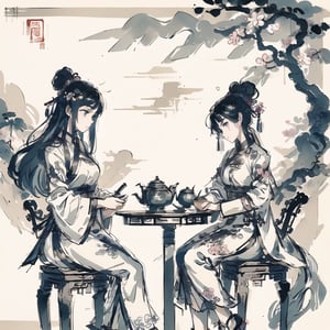 Natural Light, (Best Quality, highly detailed, Masterpiece), ((wide shot)), 2girls, ((tea)),  ((sitting on stool)), two China female is sitting in front of a tree with pink flowers and detail background, wearing a mixture of leather armor and cloth clothing, with black hair. pay attention to details like clothing texture, (clean outline), (sketch style line art), ((Ancient Chinese painting)), ink background, ink splash,chinkstyle