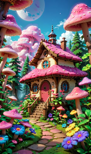 64k, painting, oil, (RAW), masterpiece, masterpiece, dream forest, summer pink mushroom house, marshmallow clouds, magic flowers, enchanting beauty, fairytale art style, volumetric lighting effects, high detail, Unreal 3D digital art, 90s animation inspiration, Sailor Moon HD quality, soft pastel colors, ethereal atmosphere, detailed textures, magical ambiance, glittering light rays, serene landscape, fantasy flora and fauna, immersive environment, nostalgic yet advanced art technique, vibrant and luminous scene  highest resolution,3D Render Style,3DRenderAF