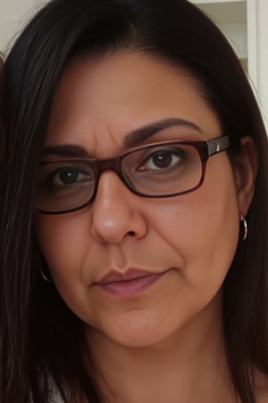 The image is a high-resolution photograph of a woman with a serious, slightly contemplative expression. She has long, straight, dark brown hair that falls over her left shoulder, framing her face. Her eyes are a light brown, and she is wearing rectangular, dark brown eyeglasses with a slight tint, giving her a studious appearance. She has a light olive complexion and a small, silver hoop earring in her right ear.