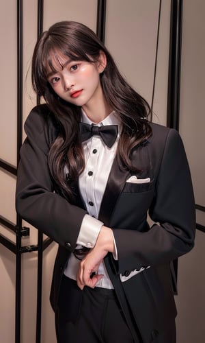 ((((Top_button_collared_Tuxedo_suit:1.5)))),(((Tuxedo_bow_tie:1.4))),((((long_slack_pant:1.4)))),(((((looking_at_viewer,front_viewed:1.5))))),((((standing)))),(((((long_hair_with_complete_bangs:1.6))))),(((beautiful and aesthetic:1.4))),(((((happy_face:1.6))))),((((round cheeks, high-bridged nose:1.5)))),(((((girl_room:1.5))))),
perfect.,Bomi,Enhance,Model ,Asian ,eungirl,((((1girl)))).,((Perfect lips)).,1 girl,perfect light