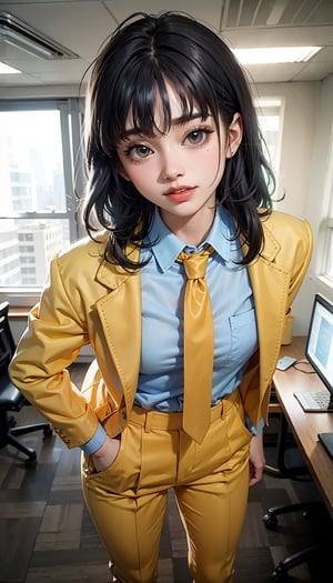 (((Medium full shot))), ((((front viewed)))), ((((standing)))), 25yo., (1girl), (((((yellow ochre gentleman's suit:1.5))))), (((necktie:1.2))), ((long pants:1.3)), (((smiling face:1.4))), ((plastic surgery huge shining round eyes, small chin, small low jaw, high-bridged nose, small face, small mouth:1.4)), ((blue hair)), (extra long hair with fringes with blurry), ((office room:1.4)).,Bomi,1 girl,