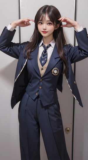 ((((Navy_blazer_jacket:1.5)))),((((many_button_waistcoat_wear_inside_blazer:1.5)))),(((collared_shirt:1.5))),((((navy_necktie:1.5)))),((((long_pants:1.4)))),(((standing:1.3))),((((((front_viewed:1.5)))))),(((((extra_long_hair_with_complete_bangs_with_blurry:1.5))))),((((looking_at_viewer:1.5)))),(beautiful and aesthetic:1.4),((((cute_smiling_happy_face:1.4)))),((((round cheeks, high-bridged nose, plastic surgery round eyes:1.5)))), (((Kpop_style_poses:1.4))),((((office_room:1.4)))),
perfect.,Bomi,Enhance,Model ,Asian ,eungirl,((((1girl)))).,((Perfect lips)).,perfect light,ShokoKomidef