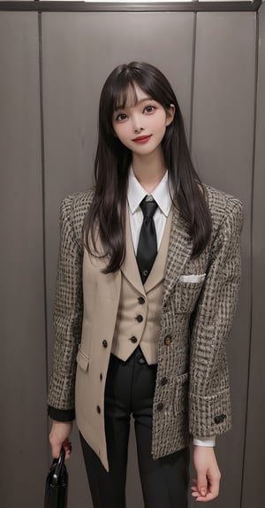 (Tweed_black_blazer_jacket:1.6),(button_waistcoat_wear_inside_blazer:1.5),(top_button_collared_shirt:1.4),(necktie:1.3),(long_pants:1.4),(((((looking_at_viewer,establishing_shot:1.6))))),(((((long_straight_hair_with_complete_bangs:1.8))))),((((standing:1.6)))),(((beautiful_and_aesthetic:1.4))),(((((happy_smile_face:1.6))))),((((plastic_surgery_round_eyes, round_cheeks, high-bridged_nose:1.5)))),((office_room:1.6)),
perfect.,Bomi,Enhance,Model ,Asian ,eungirl,((((1girl)))).,((Perfect lips)).,1 girl,perfect light.