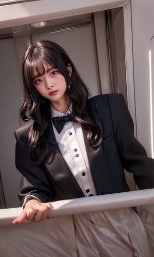 ((((Top_button_collared_Tuxedo_suit:1.5)))),(((Tuxedo_bow_tie:1.4))),((((long_slack_pant:1.4)))),(((((looking_at_viewer,front_viewed:1.5))))),((((standing)))),(((((long_hair_with_complete_bangs:1.6))))),(((beautiful and aesthetic:1.4))),(((((happy_face:1.6))))),((((round cheeks, high-bridged nose:1.5)))),(((((girl_room:1.5))))),
perfect.,Bomi,Enhance,Model ,Asian ,eungirl,((((1girl)))).,((Perfect lips)).,1 girl,perfect light