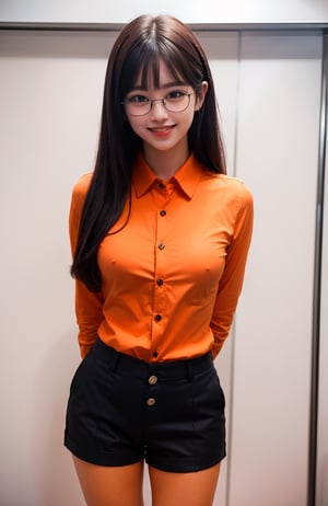 ((((((Button_collared_top orange long sleeve shirt:1.5)))))),((standing)),((((front viewed,medium shot:1.4)))),((((black mini short pants:1.4)))),(((stylish long hair with complete bangs with blurry))),(((((smiling face:1.5))))),(Ultra-realistic, best photograph, best quality:1.3),((((round thin glasses:1.4)))), ((((arms behind back:1.4)))),(beautiful and aesthetic:1.4),((((round cheeks, high-bridged nose, plastic surgery round eyes:1.5)))),((((Kpop stylish pose:1.5)))),((((office room:1.4)))), 
perfect.,Bomi,Enhance,Model ,Asian ,Girl,(((eungirl))). ,eungirl,1girl. 